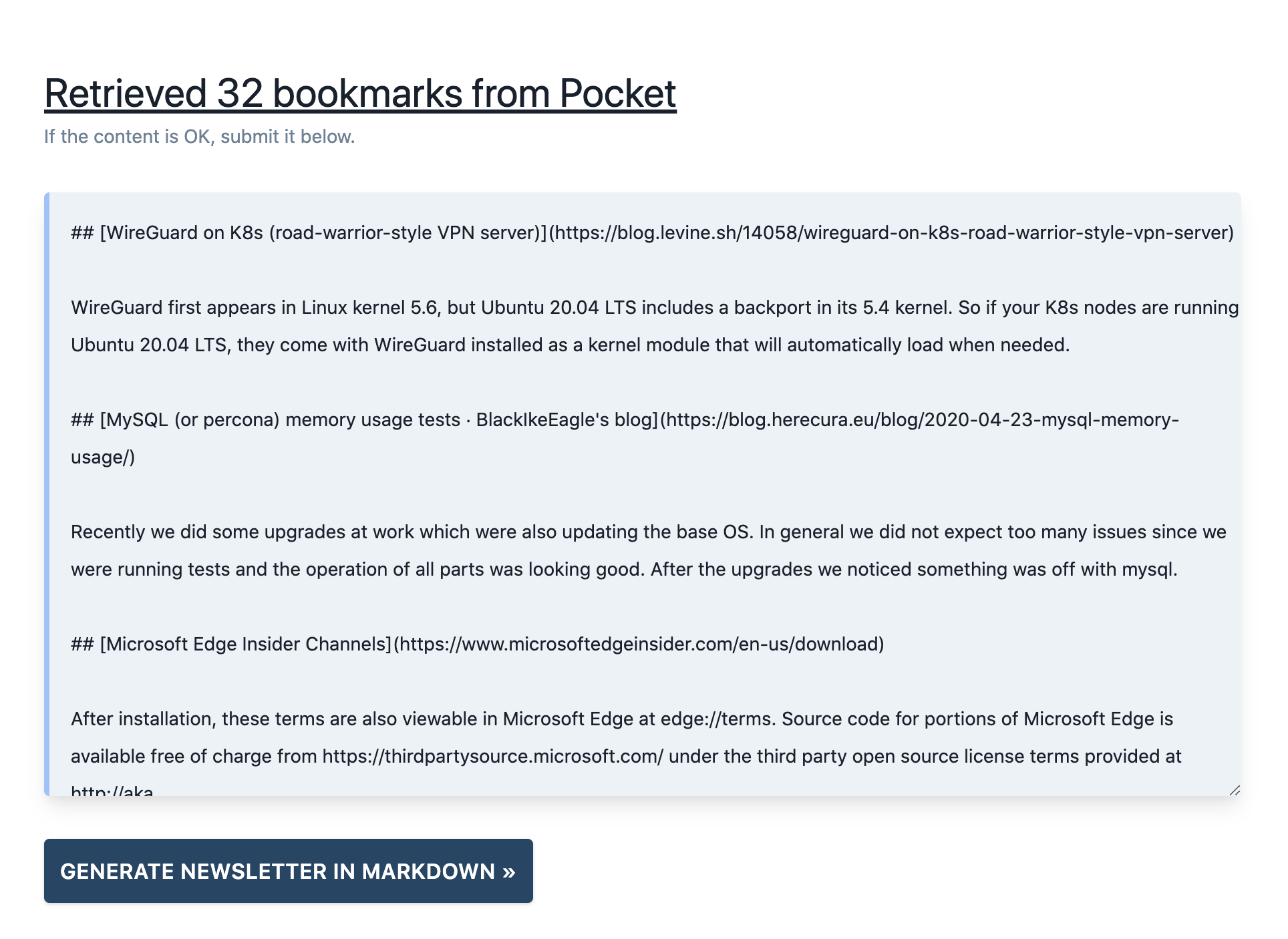 Preview of the Pocket Bookmark parsing
