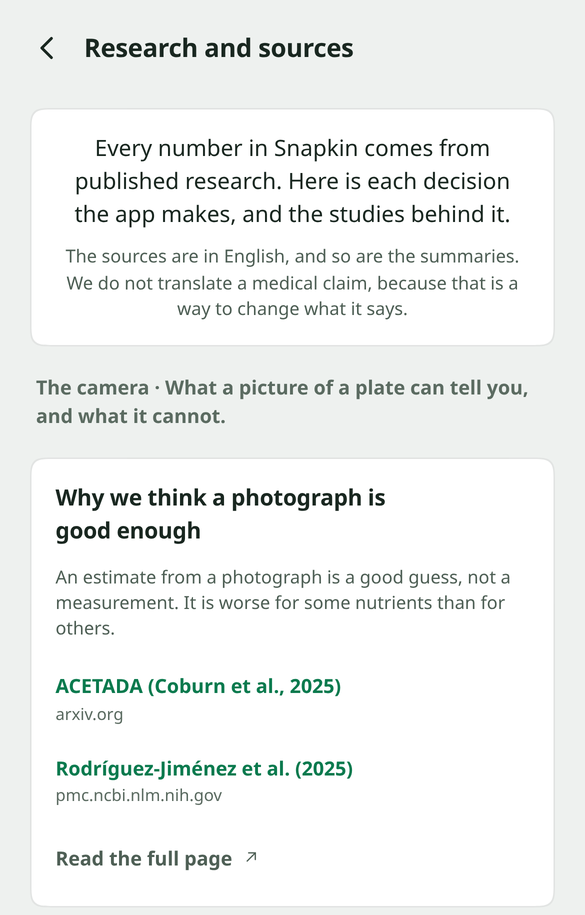 The in-app Research and sources screen, listing each decision with the studies behind it