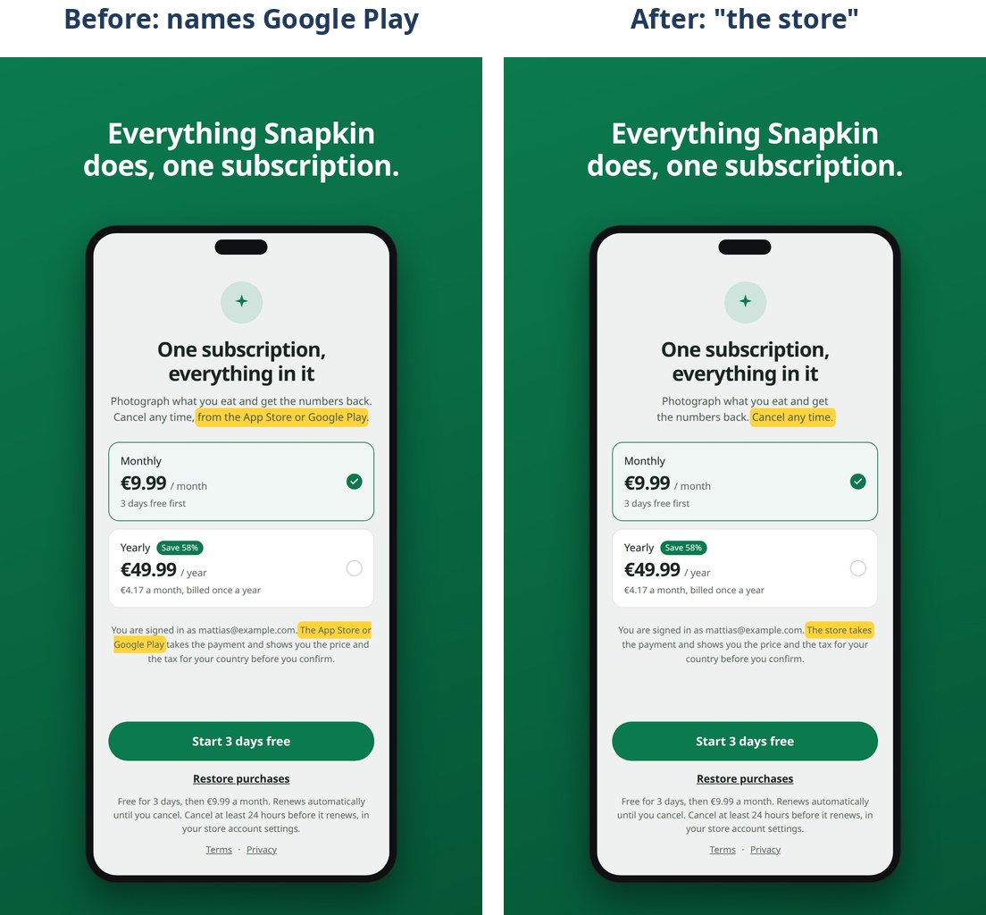 The subscription review screenshot before and after: the old one names the App Store and Google Play, the new one says &ldquo;the store&rdquo;