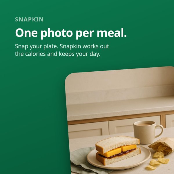 The promotional image: &ldquo;One photo per meal&rdquo;, with a photo of a sandwich
