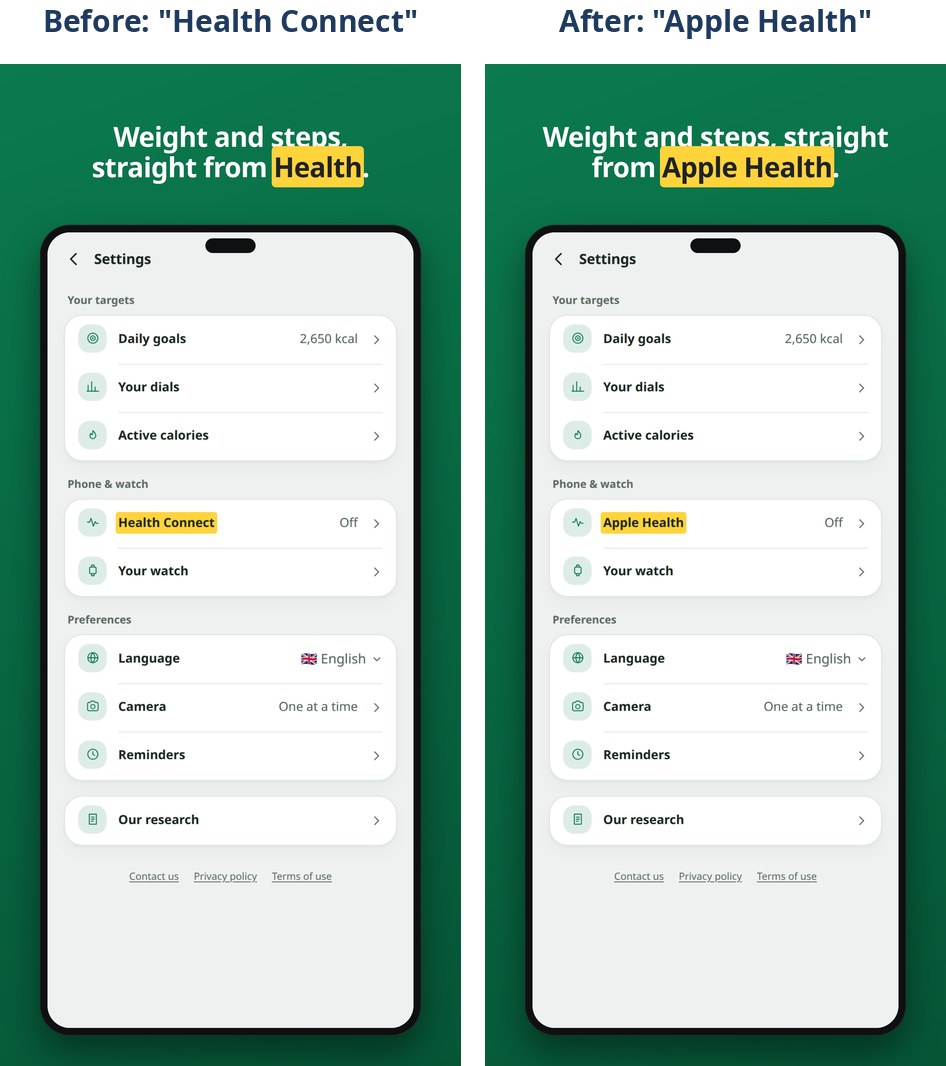 The Settings screenshot before and after: &ldquo;Health Connect&rdquo; became &ldquo;Apple Health&rdquo;