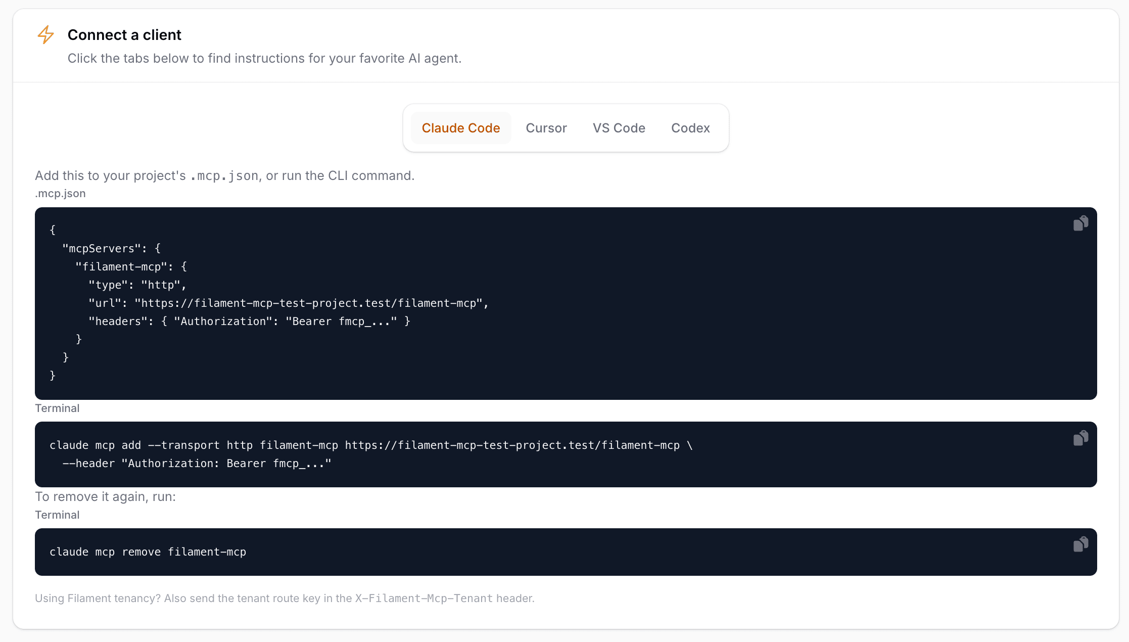 The Connect a client section on the token page, with the Claude Code tab selected, showing a ready-to-paste .mcp.json and the CLI commands to add and remove the server