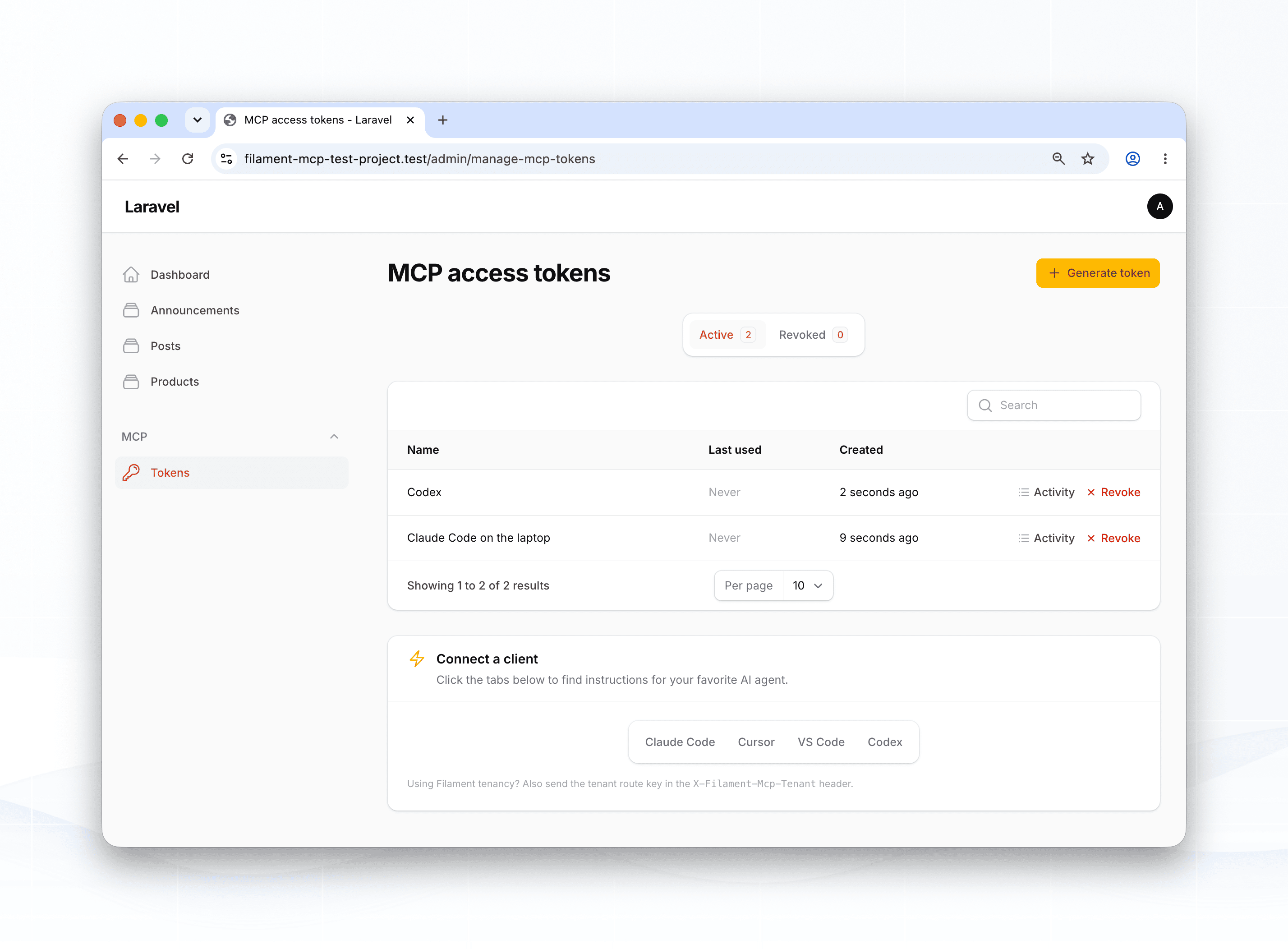 The MCP access tokens page inside a Filament panel, showing the Active and Revoked tabs, a list of personal tokens, and the Connect a client section