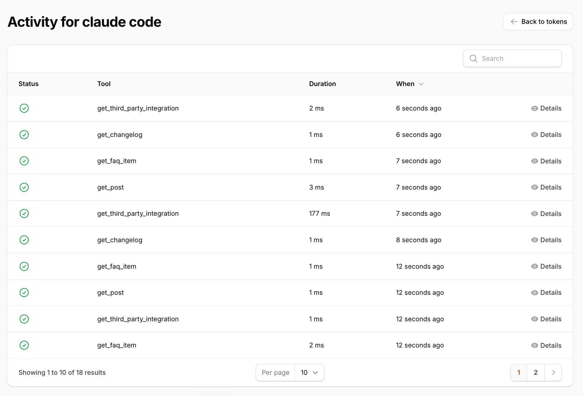 The Activity page for a single MCP token, listing its tool calls newest-first with status, tool name, duration, and timestamp, arguments behind a modal