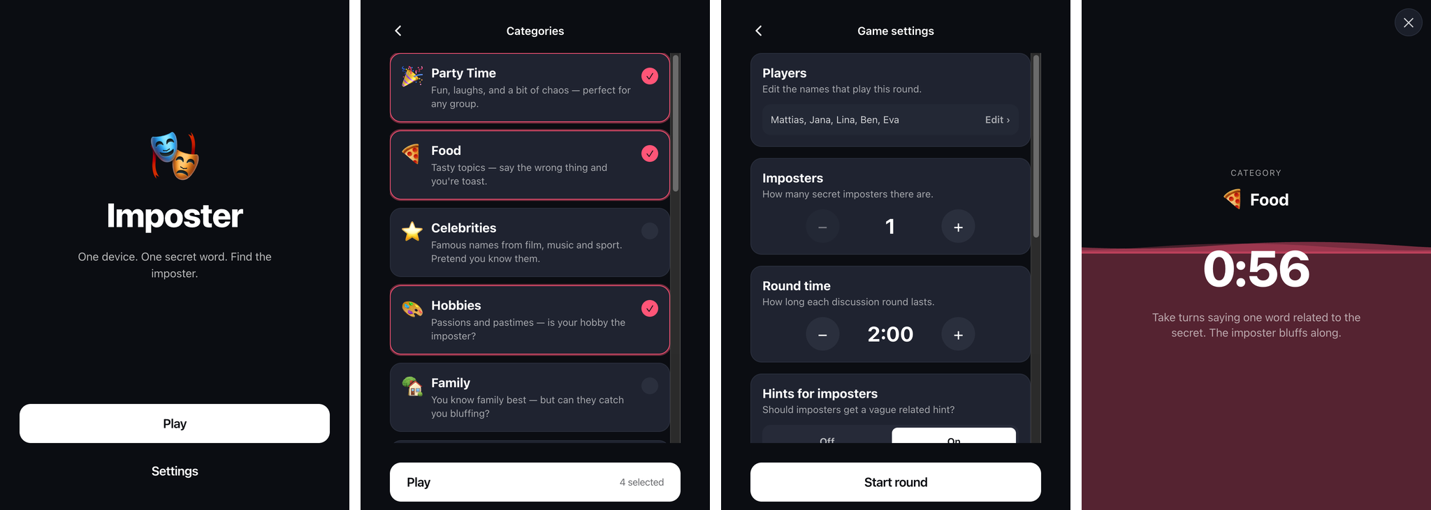 Imposter screens: home, category picker, game settings, and the in-round timer