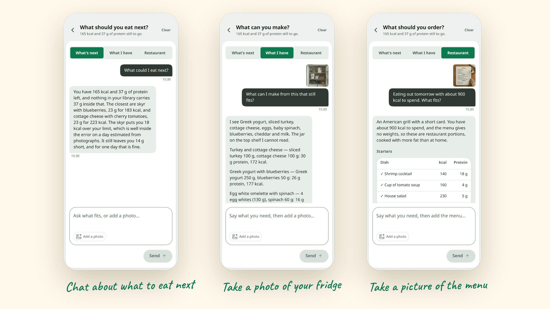 Snapkin&rsquo;s coach: ask what to eat next, send a photo of your fridge, or send a photo of a restaurant menu