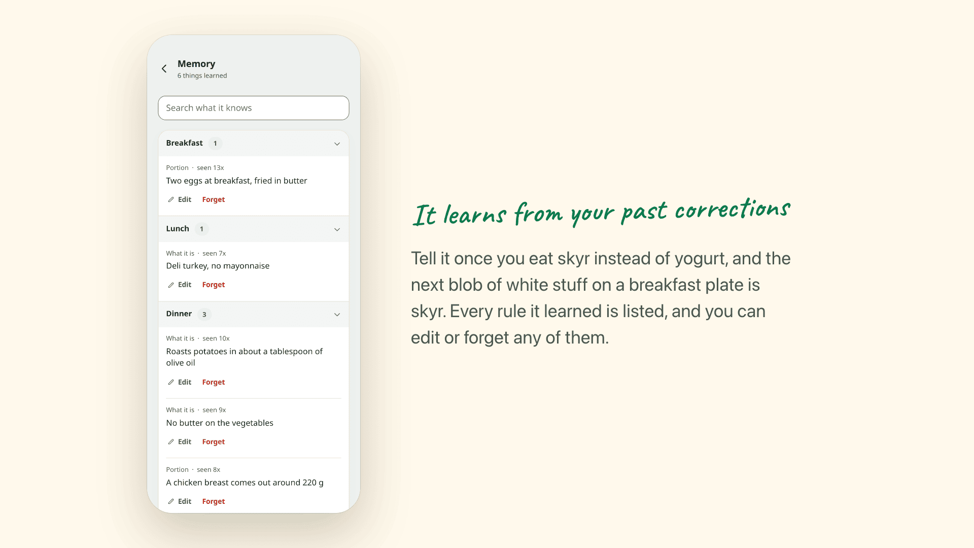Snapkin&rsquo;s Memory screen, listing what it learned from past corrections