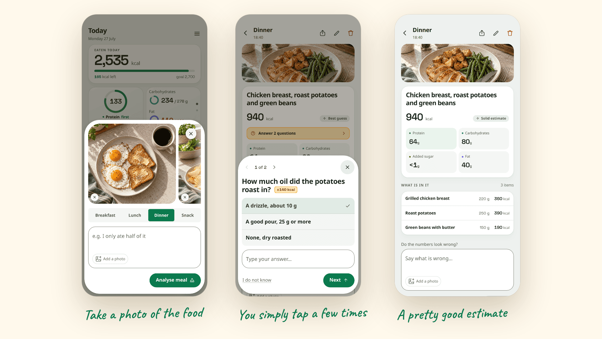 Snapkin: take a photo of the food, tap an answer to a follow-up question, and get the calorie estimate