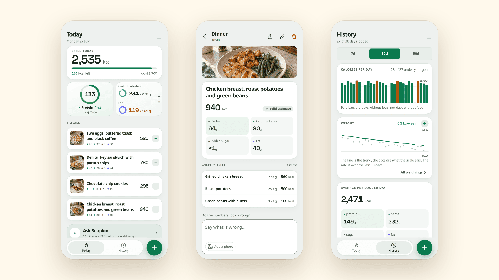 Snapkin: the Today overview, a meal estimate, and the History view