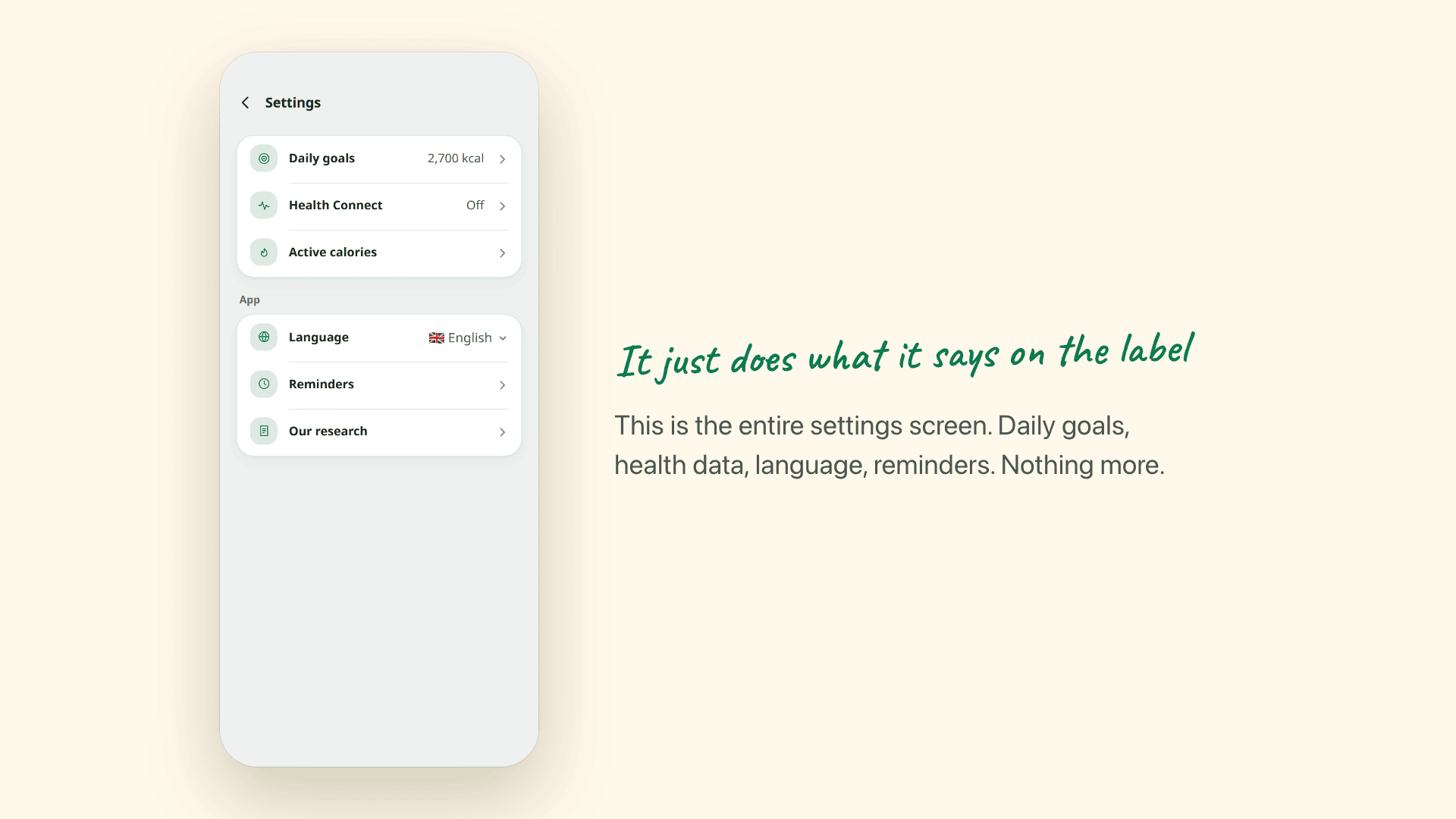Snapkin&rsquo;s entire settings screen: daily goals, health data, language and reminders