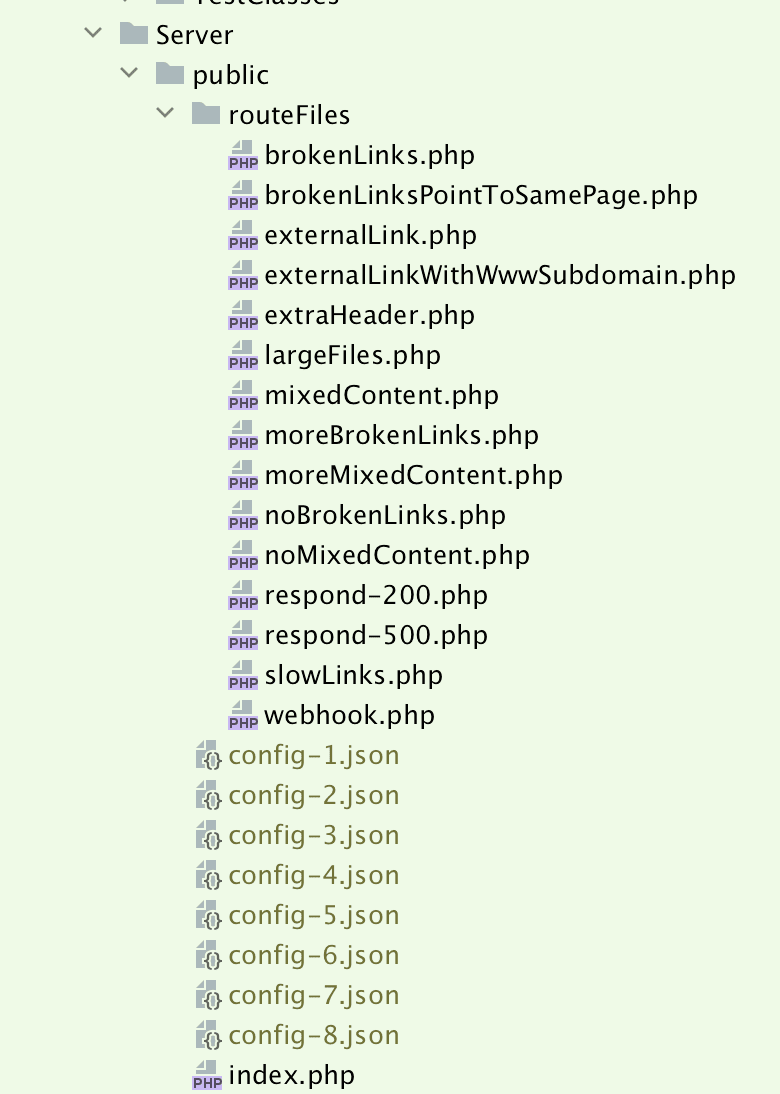 The tests/Server directory in an IDE: a routeFiles folder with one PHP file per scenario, config-1.json to config-8.json, and index.php