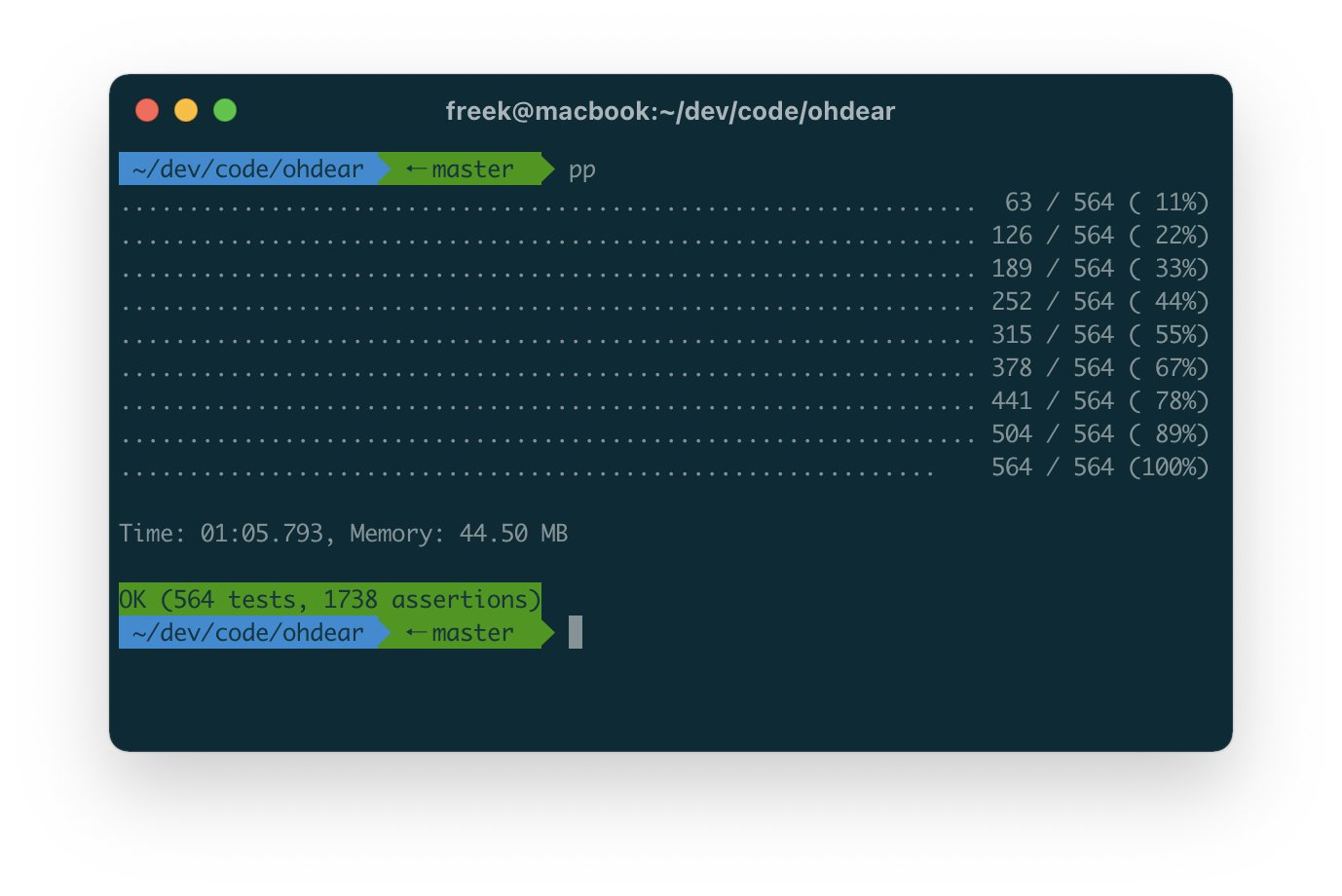 The same 564 tests run in parallel, finishing in 1 minute 5 seconds using 44.5 MB of memory