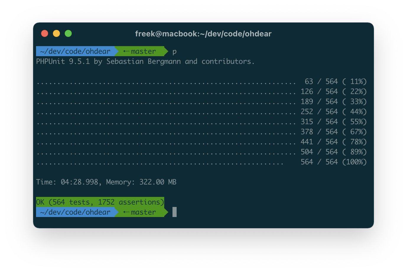 PHPUnit running 564 Oh Dear tests sequentially, finishing in 4 minutes 28 seconds using 322 MB of memory