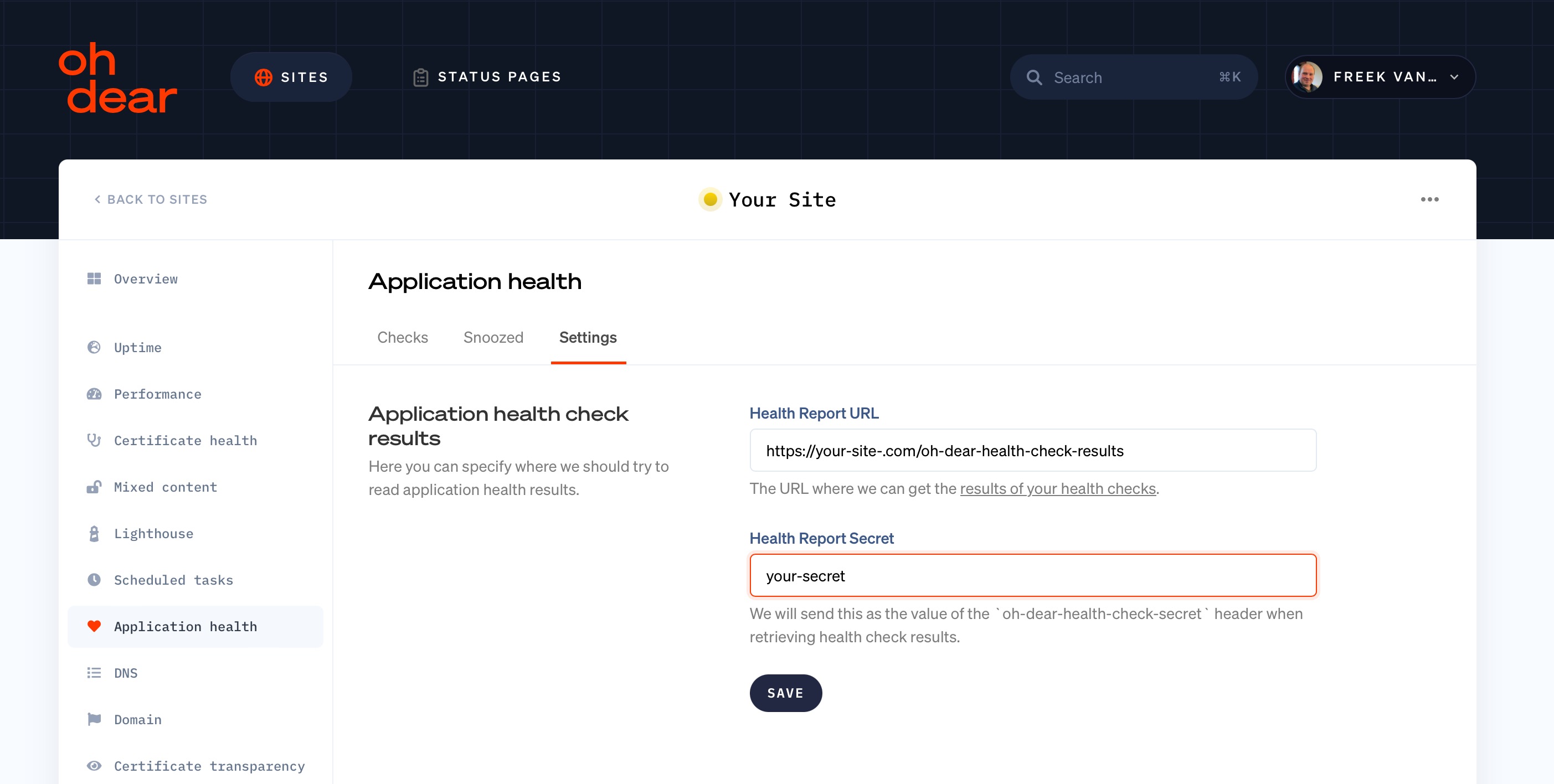 Oh Dear Application health settings with Health Report URL and Health Report Secret fields