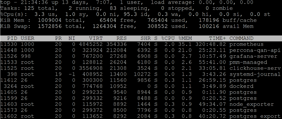 top on Linux showing virtual memory