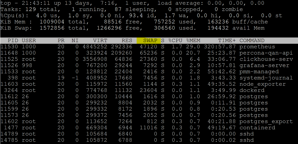 top on Linux showing SWAP size