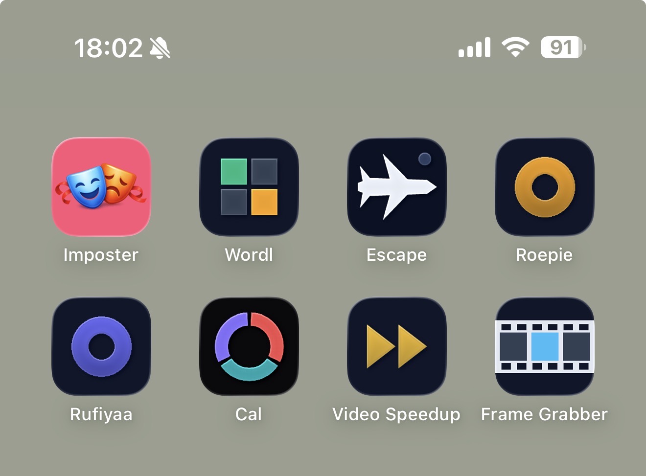 My iPhone home screen with 8 of these PWAs installed as regular app icons: Imposter, Wordl, Escape, Roepie, Rufiyaa, Cal, Video Speedup and Frame Grabber