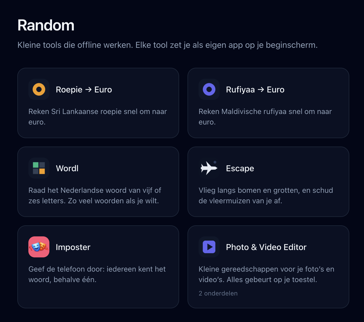 The random.ma.ttias.be homepage: a dark grid of tool cards, each with an icon and a one-line Dutch description, for Roepie, Rufiyaa, Wordl, Escape, Imposter and the Photo & Video Editor