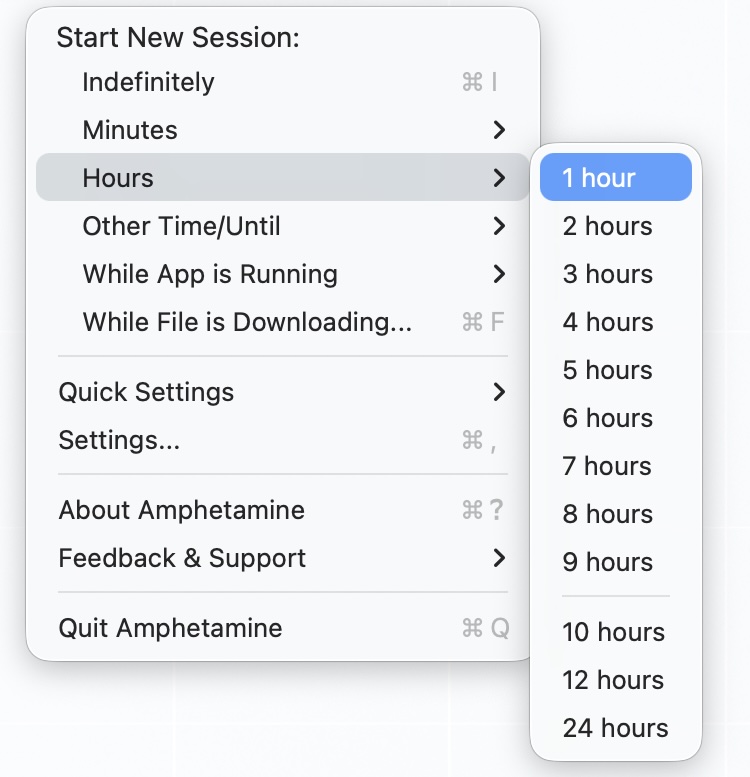 The Amphetamine menu bar app on macOS, its “Start New Session” menu expanded to the Hours submenu, offering to keep the Mac awake anywhere from 1 to 24 hours