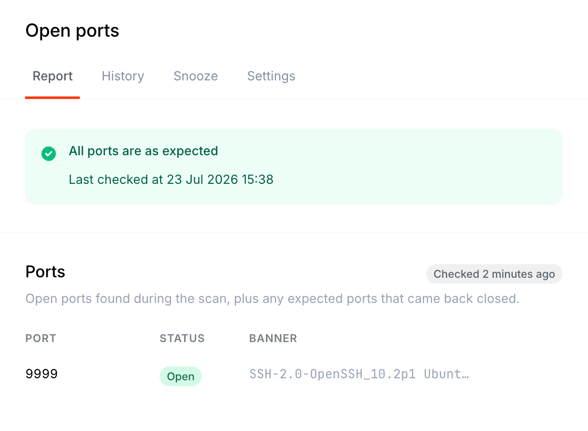 Oh Dear’s port scan result reading All ports are as expected, with port 9999 the only open port, matching the saved baseline
