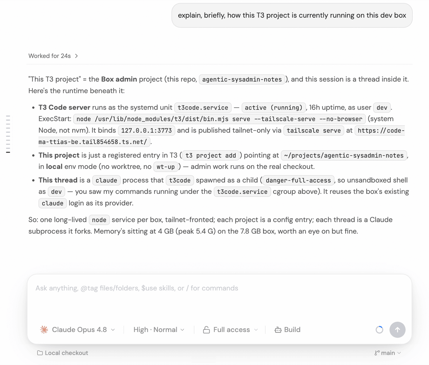 The Box admin T3 thread, where the agent explains its own runtime on the dev box: the t3code systemd service, the tailnet-only URL it serves on, local env mode, and memory usage