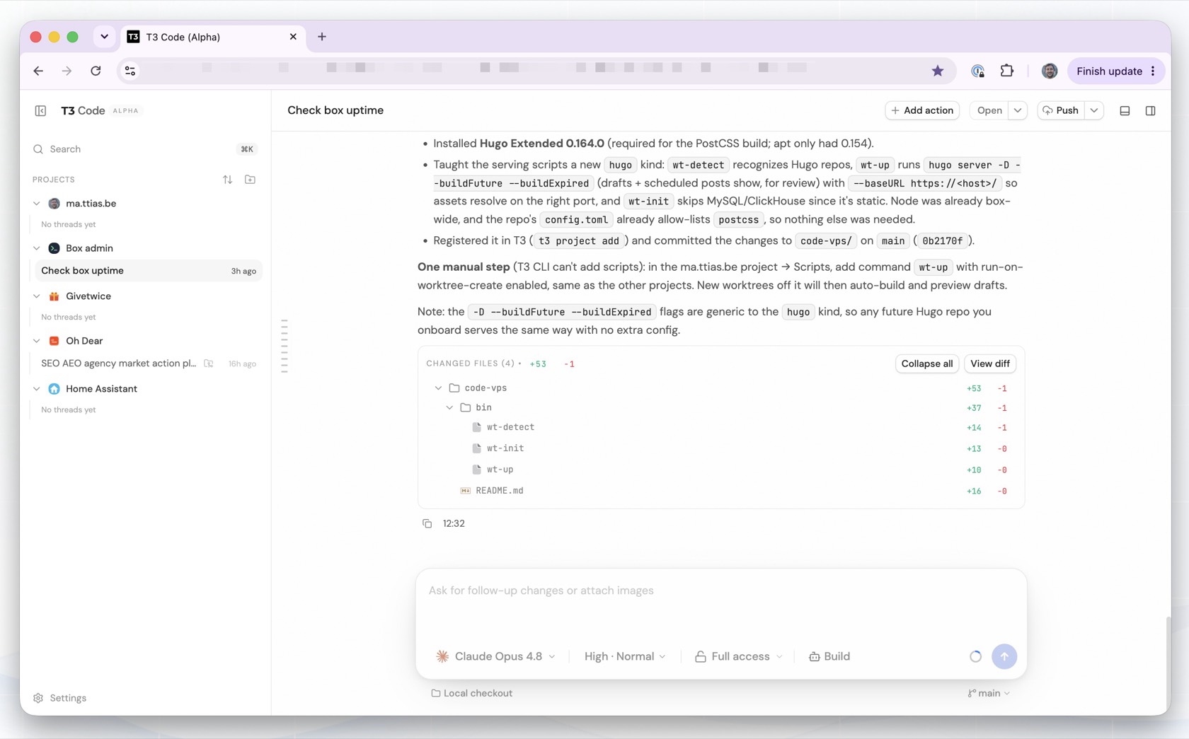 The T3 Code web GUI in a browser: a projects sidebar with ma.ttias.be, Box admin, Oh Dear and Home Assistant, an agent thread showing a git diff, and the Claude Opus model picker at the bottom