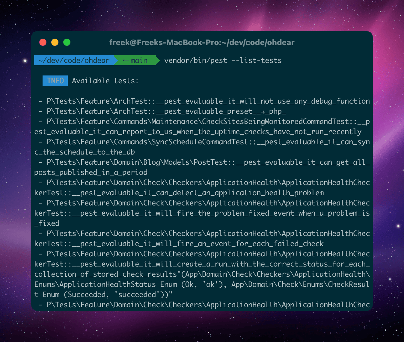 Terminal running &lsquo;vendor/bin/pest &ndash;list-tests&rsquo; showing the available Oh Dear Pest test names