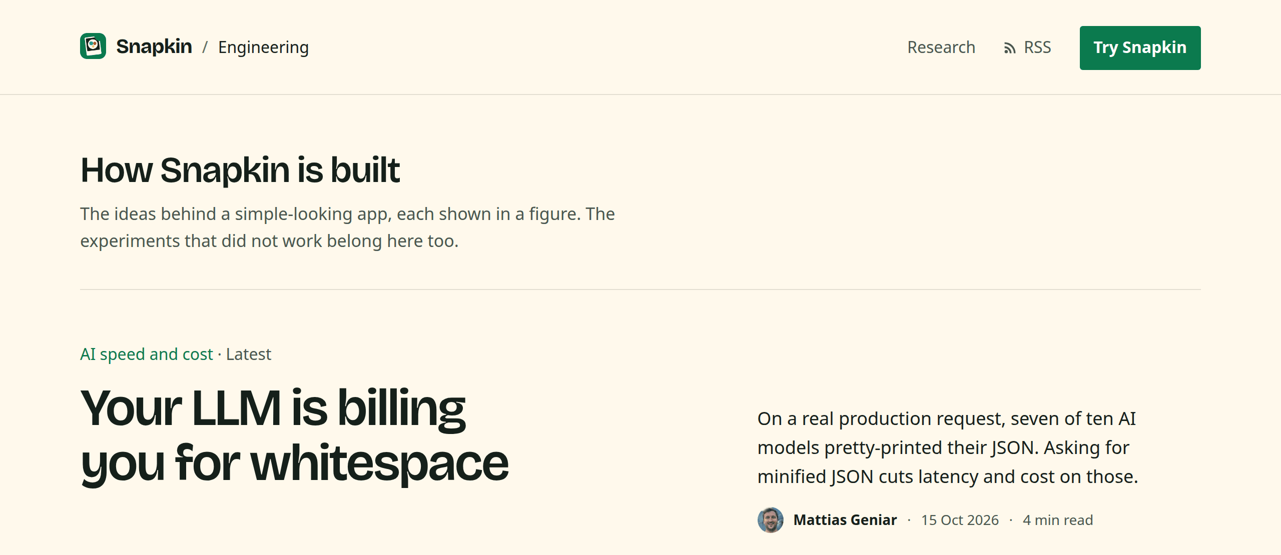 The Snapkin Engineering index page, with its first post: Your LLM is billing you for whitespace