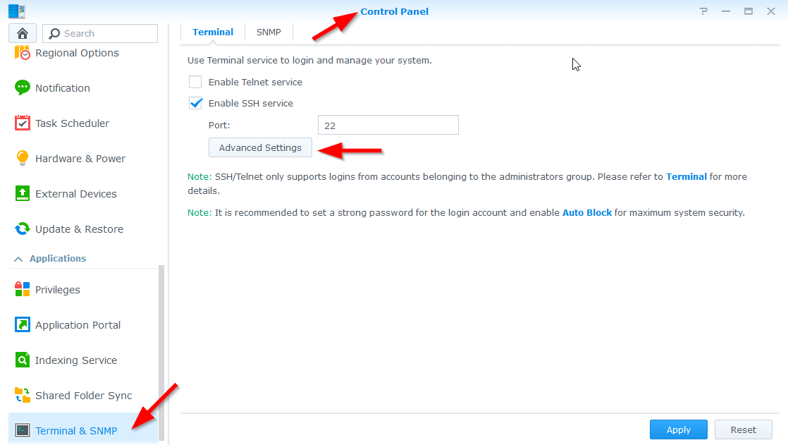 Synology advanced SSH settings