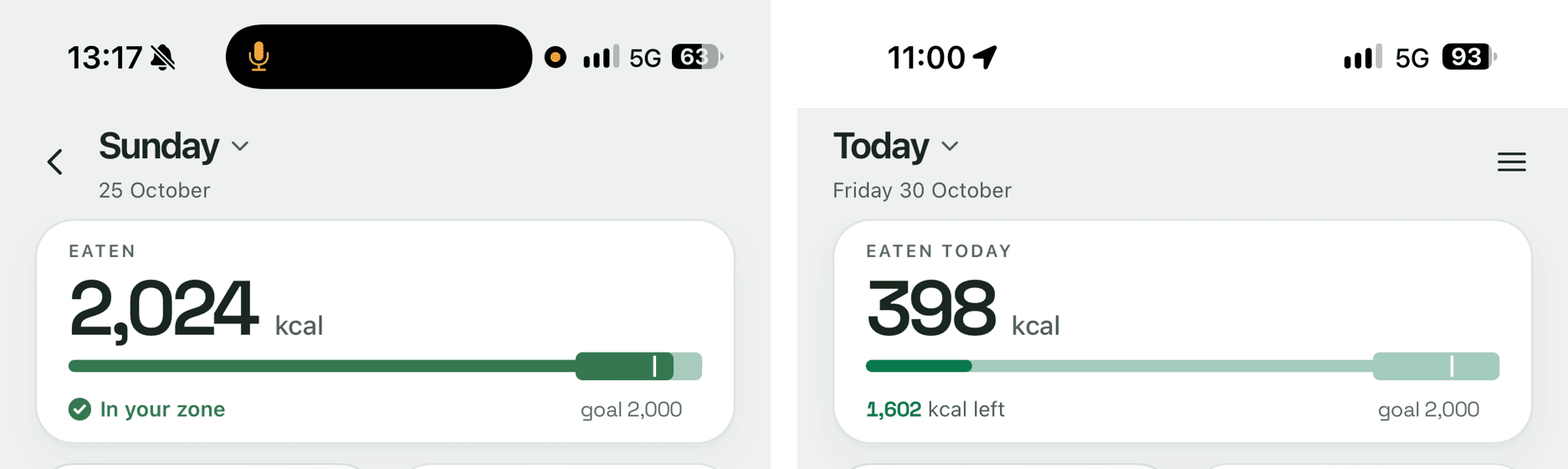 The same Snapkin screen on two builds. Left, from 28 October: the area behind the clock is the app’s grey background. Right, from 30 October: a white strip behind the clock, ending in a thin line just above the title.